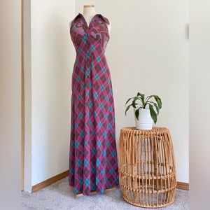 1970s Vintage Sleeveless Plaid Halter Maxi Dress